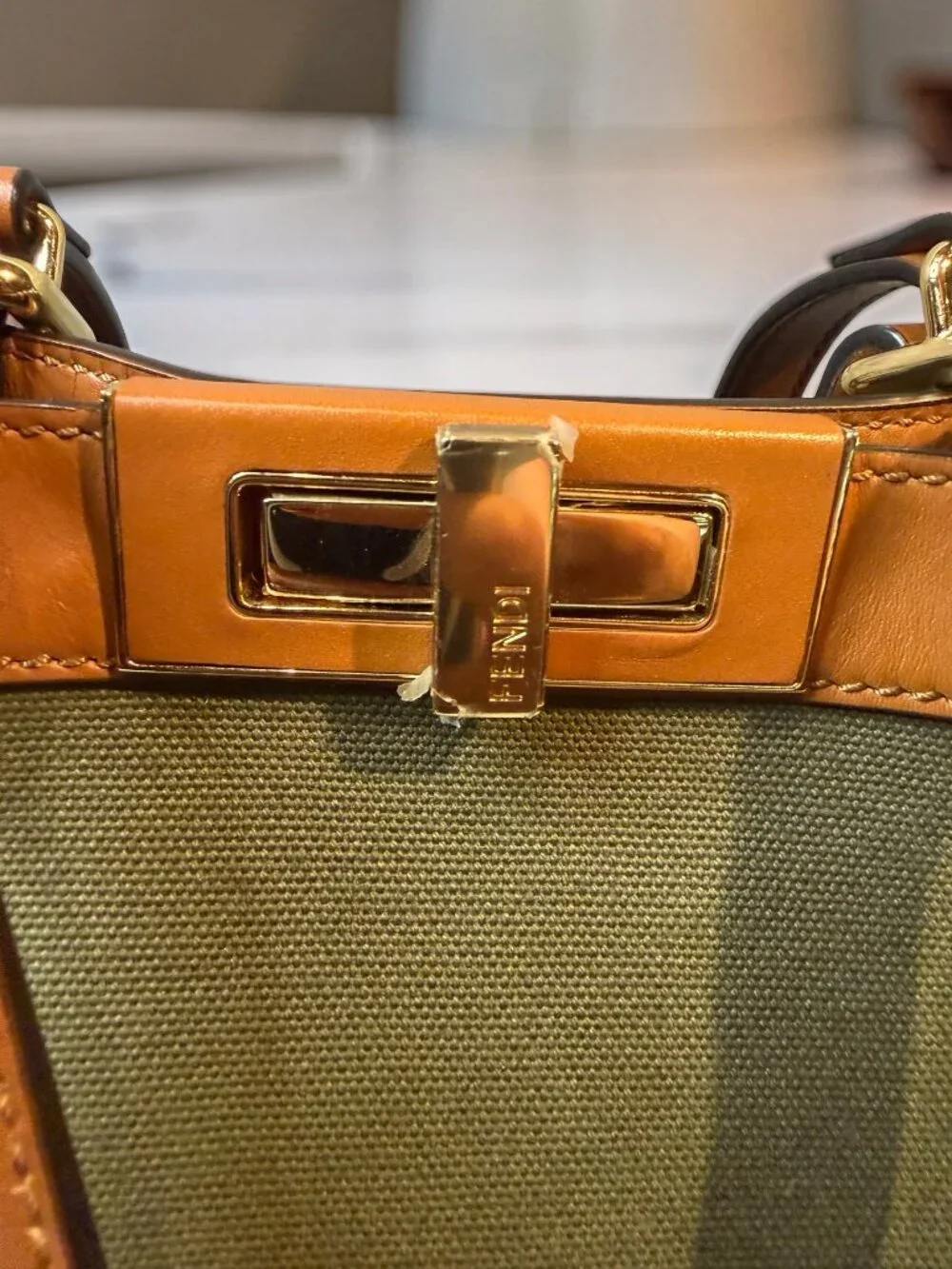 Fendi Peekaboo X-Tote Large Olive Canvas Tan Leather Trim Gold HW